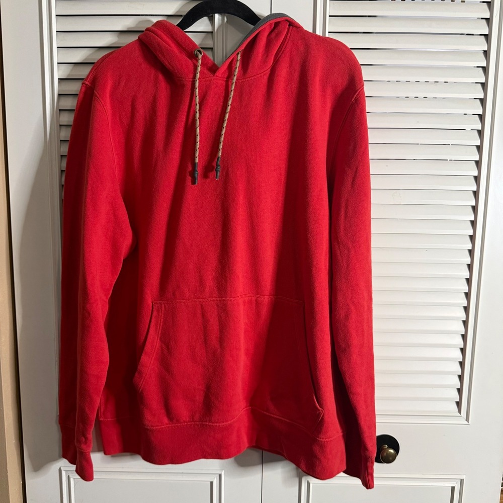 Alpine Design Mens Red Fleece Pullover Hoodie Sweatshirt L Leather Logo Patch